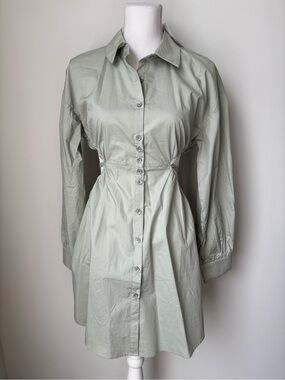 Sage Button-Front Shirt Dress with Cinched Waist